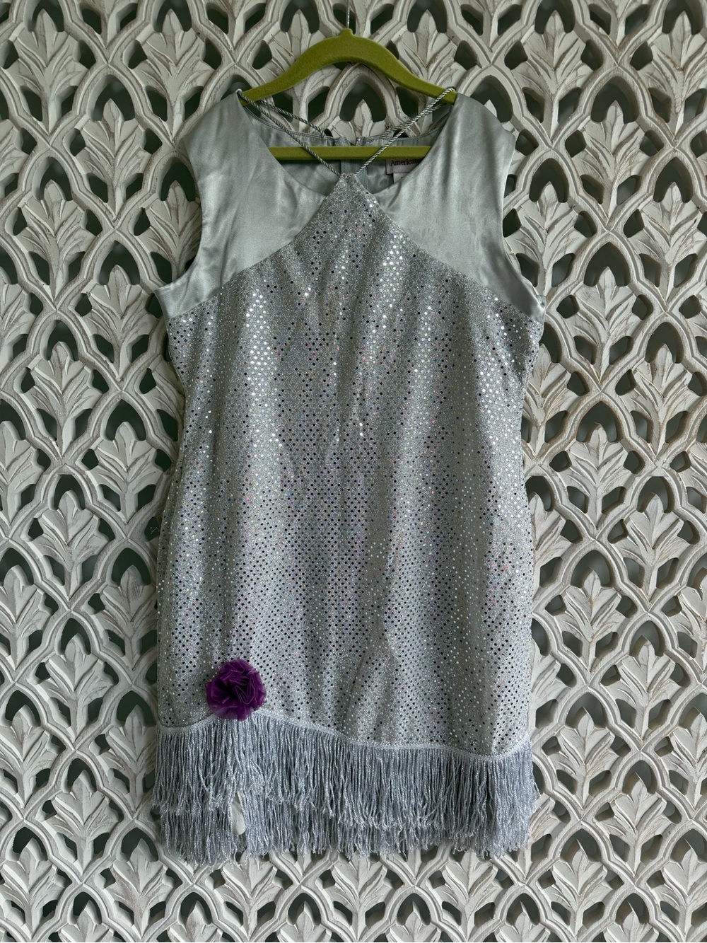 Silver Sequin Fringe Cocktail Dress with Purple Flower